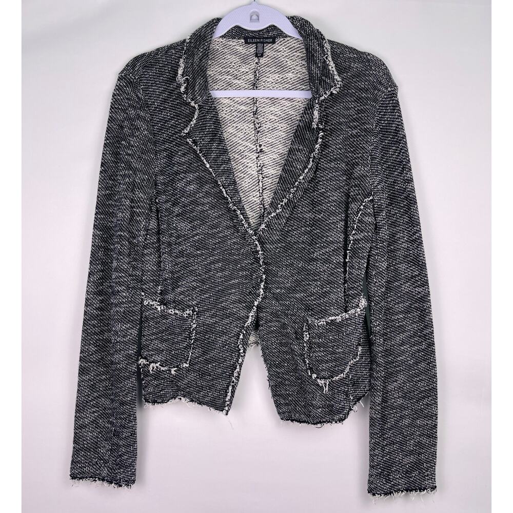Eileen Fisher Black White Textured Fringe Tweed Blazer Cardigan Size S Petite - Picture 5 of 11